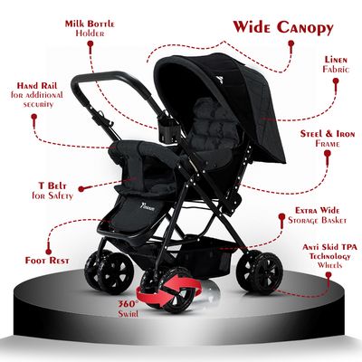 Teknum Reversible Trip Stroller + Infant Car Seat | Excellent Shocker | Forward & Parent Facing | Wide Canopy & Seat | 5 - Point Safety Harness | Reversible Handle | Golden Frame | Cup Holder | Big Basket | Easy To Fold | 6 - 36Months | Black